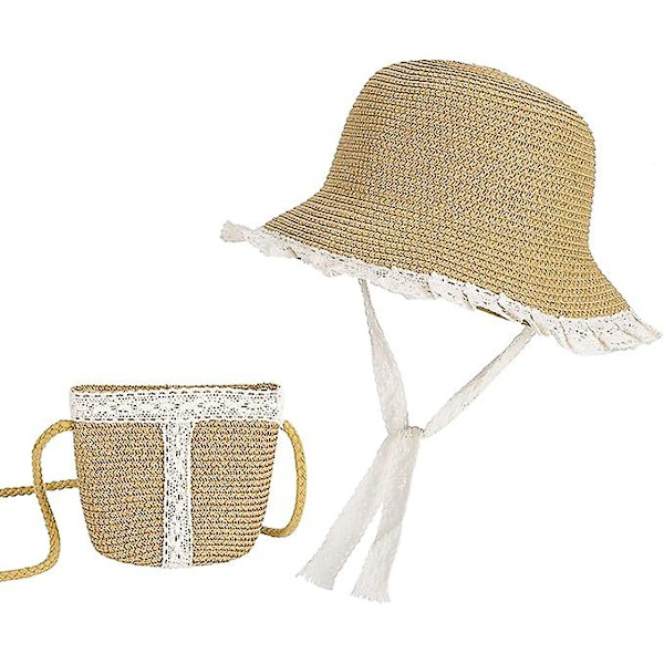 Flicksolhatt för flickor, sommarhatt i halm och liten väska med spetskant för strand, resor och vandring