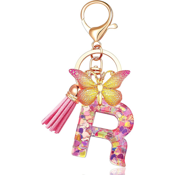 Nyckelringar i form av initialer för kvinnor Tassel Butterfly Pink Purple Cute Car Keyring för plånbok Handväskor Ryggsäck A-Z Pink R