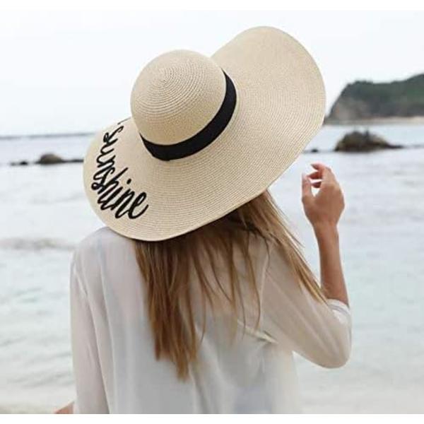 Kvinner sammenleggbar floppy bredbremmet stråsolhatt sommer strandhatt UV UPF 50+ 06Style Beige