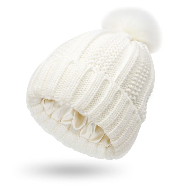 Naisten neulottu pipo, jossa satiinivuori Pom Pom Winter Warm Cap Bobble Hat Hiuksia suojaava Silkkinen Stretch Neulottu Hattu, valkoinen