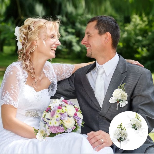 2-pakning bryllupshåndleddsblomst og knapphullsblomstsett, kunstige bryllupsknapphullsblomster for menn og håndleddsroser for kvinner, hvit knapphullsblomst White, Green