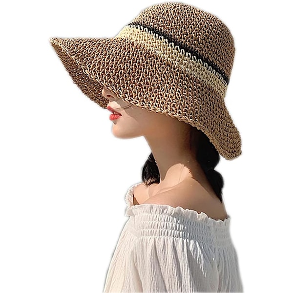 Solhatt Floppy Halmhatt Bred Brätte Fällbar UV-skydd Hink Sommar Strandhatt för Flickor Kvinnor Khaki One Size