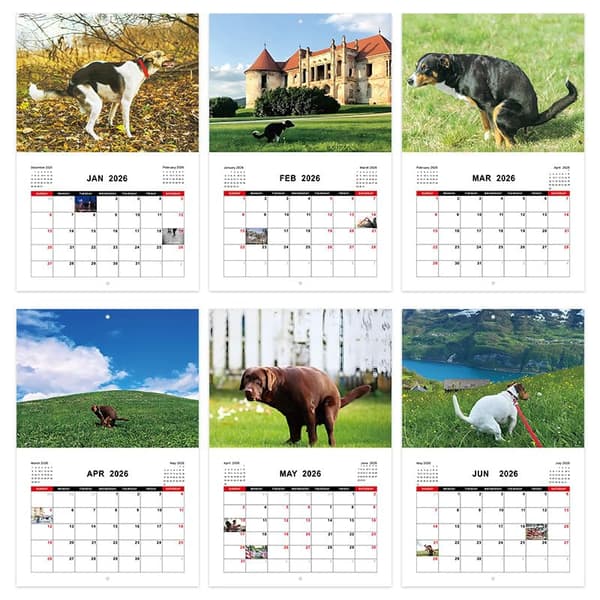 2026 Kalender med bajsande hundar, Rolig kalender, 12-månaders semesterplan