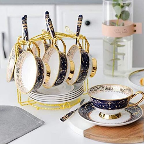 YBK Tech Euro Style Bone China Kop & Underkop Sæt, Keramisk Te Kaffe Kop til Hjem Køkken Bryllup (Royal Mønster - Dyb Blå) Royal Pattern Deep Blue