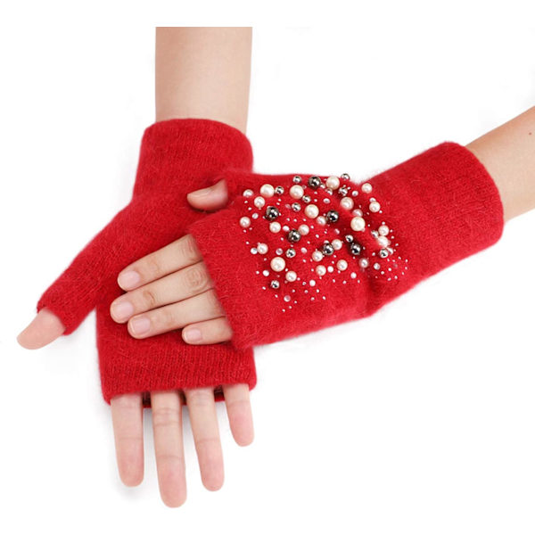 Vinterhandskar för flickor, söta tecknade djurklövar, halvfinger, tjocka & varma, mjuka plysch, korallfleece, snöre, vantar Pearled Red