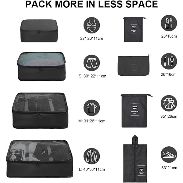 Hopfällbara vattentäta packningskuber, 8 st researrangör packpåsar resebagage packningsorganisatörer med skopåse för kläder resväska sko Black S