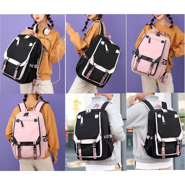 Teenagepigers rygsæk Middle School Students Bogtaske Outdoor Daypack Med USB-opladningsport 4# Pink Black 21 Liters