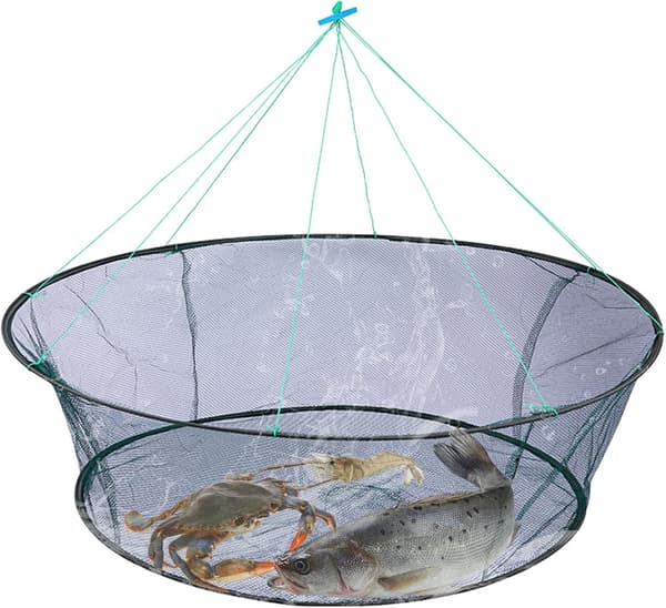 1 hopfällbart och bärbart fiskenät, öppningsdiameter: 100 cm, basdiameter: 80 cm, material: nylon