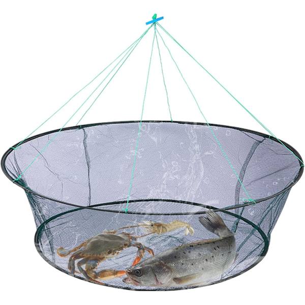1 sammenleggbart og bærbart fiskenett, åpningsdiameter: 100 cm, basediameter: 80 cm, materiale: nylon