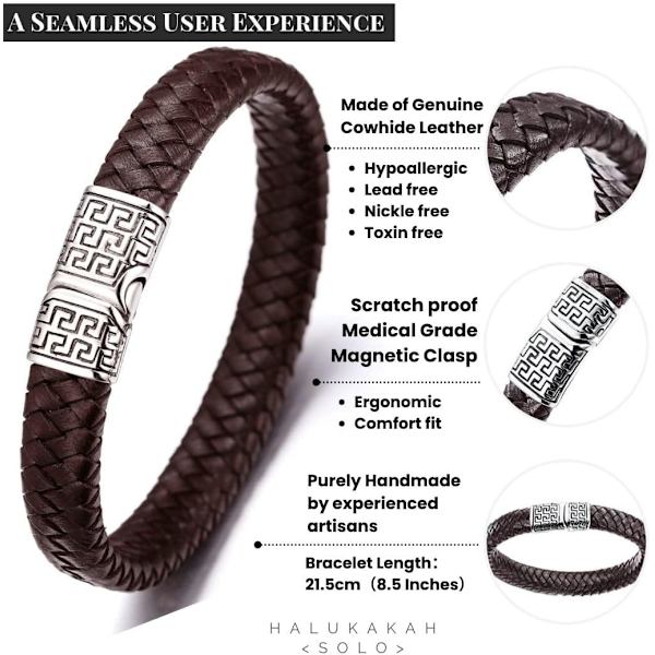 ● Solo ● Herrar Äkta Brun Läder Armband Titanlås med Magneter 8.46\"(21.5cm) - med Presentask