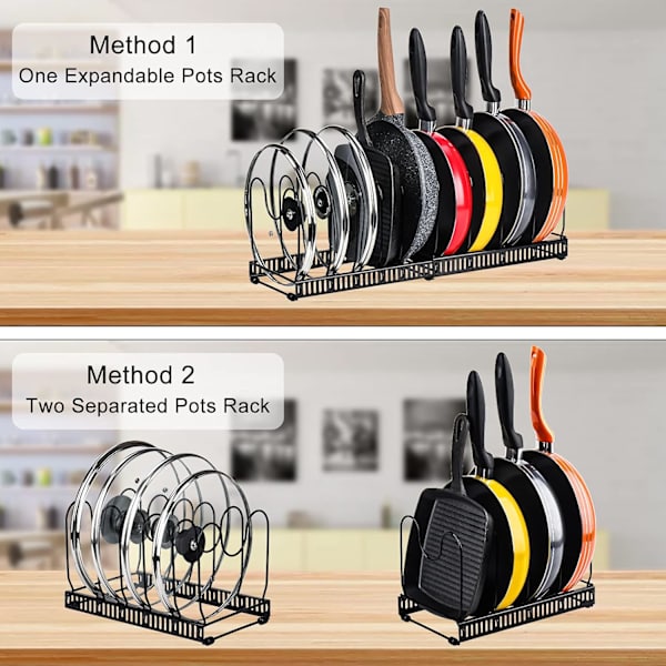 Expanderbar kastrullarrangör, 10 justerbara fack, skafferi skåp bakform lock platthållare, svart Pan Lid Organiser, Black