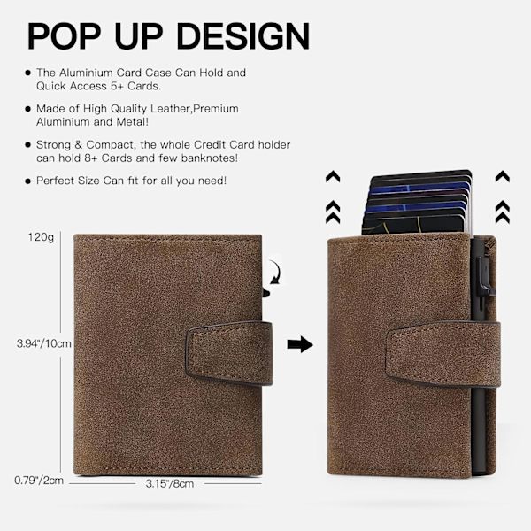Kredittkortholder RFID-blokkering Minimalistisk Trifold Herre Lommebøker Automatisk Pop Up Metallveske med ID-vinduer og glidelåslomme Frosted Brown