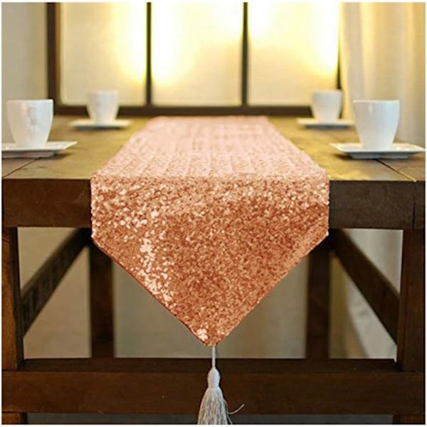 Shimmer Roséguld Sekvensbordlöpare med fransar 30 x 180 cm, Glittrande runda sekvenstyg för bordlöpare vid fest, bröllop, bankett, bordsduk Rose gold 12x72Inch