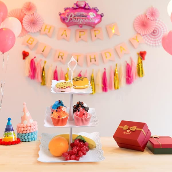 3-Tier Cake Display Stand, White Afternoon Tea Stand, Reusable Plastic Square Cupcake Fruit Dessert Party Serving Platter Stand