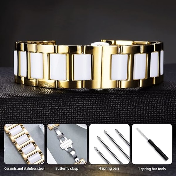 Klockarmband Guld Stål och Vit Keramisk Klockarmband 18mm