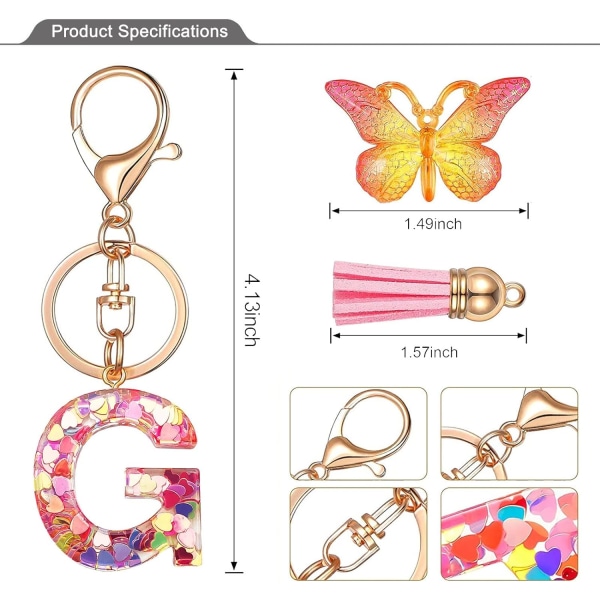 Nyckelringar i form av initialer för kvinnor, tofs, fjäril, rosa, lila, söt bilnyckelring för plånböcker, handväskor, ryggsäckar, A-Z Pink G