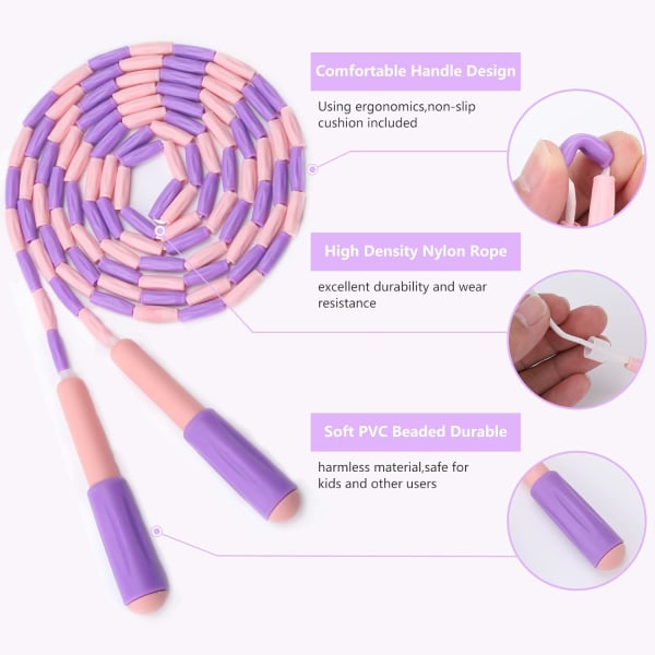 Blød Perle Springtov, Justerbar Tangle-Free Segmenteret Fitness Springtov til Mænd, Kvinder, Børn og Studerende (9 Fod, 280 cm) Purple