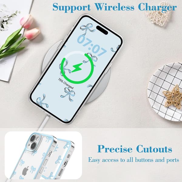 iPhone 15 Case, Transparent Cute Ribbon Bow Pattern Aesthetic Transparent Phone Case Raised Camera Protection Stylish Slim - Blue