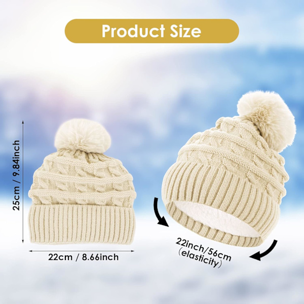 Vintermössa för kvinnor, stickad mössa med fleecefoder, varm mössa med konstpälsboll White One size