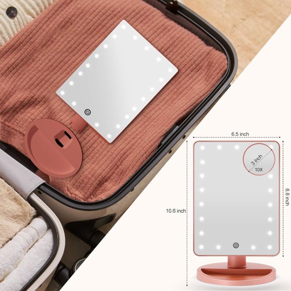 Sminkningsspegel med lampor, 21 LED-sminkspegel med touchsensor och 10x förstoringsspegel, 180 graders roterande skrivbordsspegel, Rose Gold
