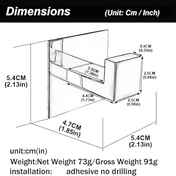 Kåpe krok SUS 304 rustfritt stål firkantet håndkle badekåpe kroker veggmontert selvklebende (ingen boring), børstet finish - 2-pakning Brushed