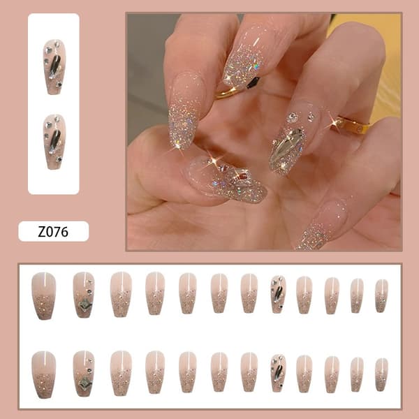24 pcs 3D Rhinestone Coffin False Nails, Glossy Ballerina Acrylic Press-on Nails, Glitter Artificial False Nails with Glue