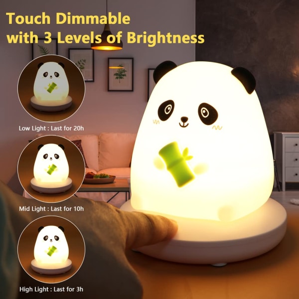 LED Nattlys for barn, Søt Panda Nattlys Mykt Silikon Nattlys med berøringssensor, Protable Led Animal Silikon Barnelampe USB (Panda)