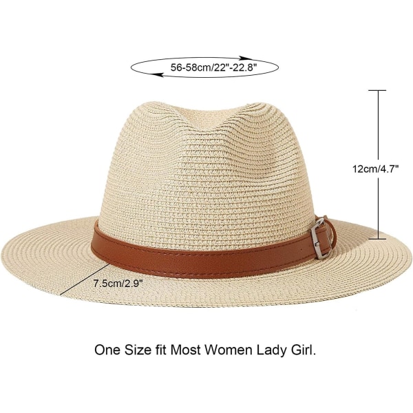 Dame Halm Panama Hat Fedora Strand Solhat Bred Skygge Halm Rulle op Hat UPF 50+ Buckle Belt Beige One Size