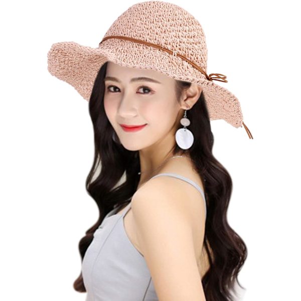 Solhatt i halm för kvinnor, damer, hopfällbar, bredbrättad, med rosett, justerbar, strandhatt, elegant hinkhatt, UPF 50 UV-skydd, bekväm Pink One Size