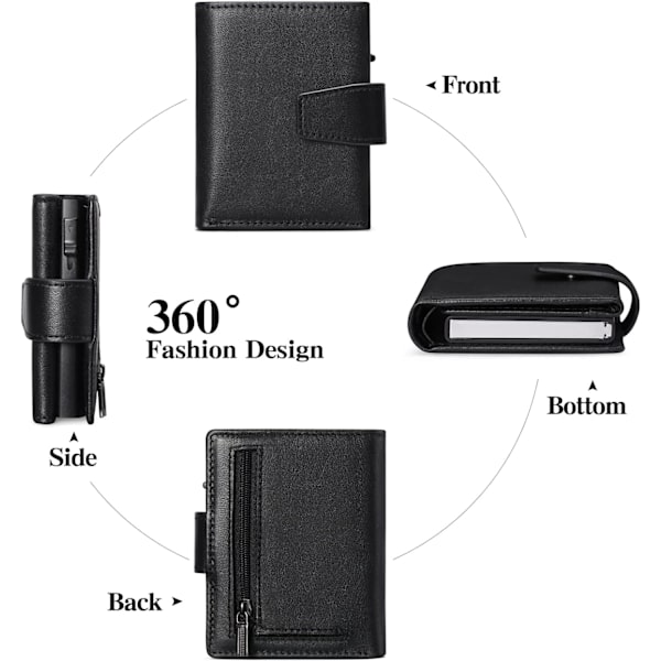 Kreditkortshållare RFID-blockerande minimalistisk trifold plånbok för män Automatisk popup-metallfodral med ID-fönster och blixtlåsförsedd myntficka Black