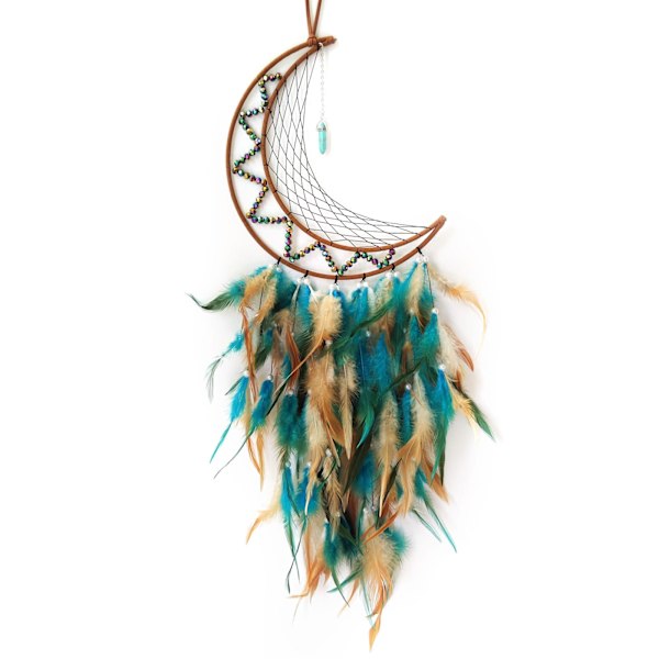 Drømmefanger Måne Drømmefangere for Soverom Brun&Blå Fjær Drømmefangere Dreamcatcher Ornamenter for Soverom Vegg Hengende Gaver