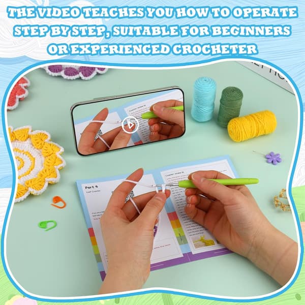 Crochet Kit for Beginners Adults, 6 Coasters Beginner Crochet Kit, Crochet Starter Kit with Video Guides