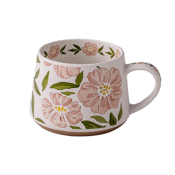 Stor keramisk kaffe latte-mugg, söt mugg för kvinnor, handmålad blommig keramisk kopp (rosa blommor)