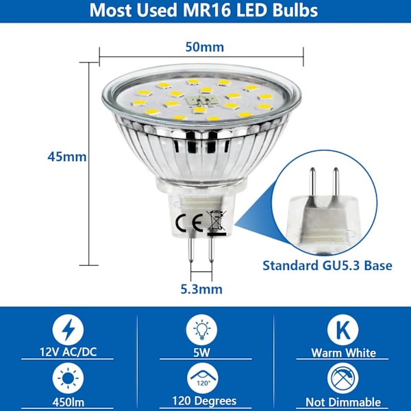 10 stk 5W GU5.3 LED-pærer, MR16 LED-pærer Kald hvit 6000K, 450lm Lyse energisparende pærer Eqv. 45W halogen spotlight Cool White 10 Count (Pack of 1)
