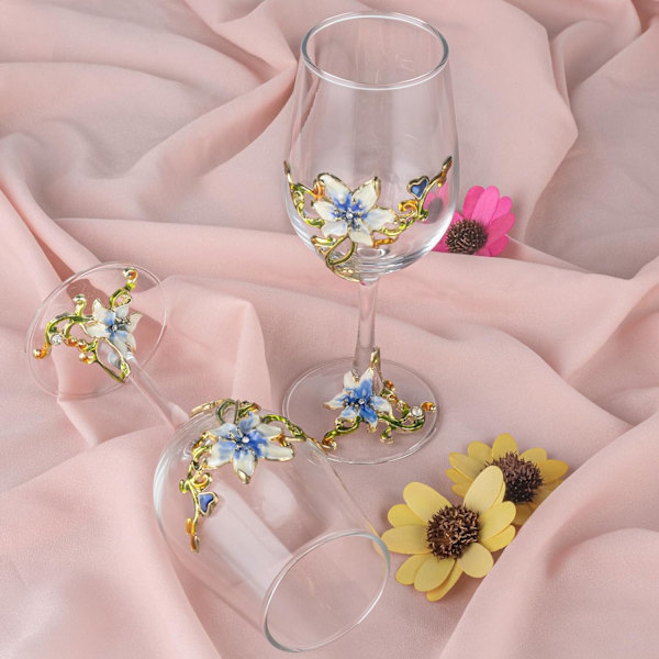 Håndmalede emaljerede blomster blyfri vinglas, 320 ml/10,8 OZ røde/hvide krystalvinglas (blå kop lilje) Blue Cup Lily