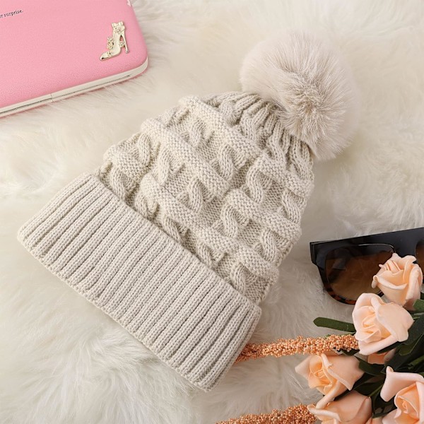 Hætte til kvinder vinterhætte termisk fleeceforet hat damer strikkede uldhætter med kunstig pels pom pom BEIgE One size
