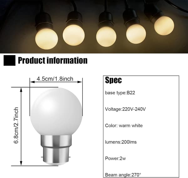 B22 Bajonettlampor - 20-pack 2W Festoon LED-lampor - Varmvit [Energiklass B]