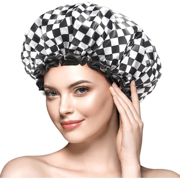 Stor badehætte til kvinder med langt hår, 2 stk., elegant skakbrætdesign, dobbeltlags vandtæt, genanvendelig, vaskbar, lugtfri, X-Large Checkerboard XLarge (Pack of 2)