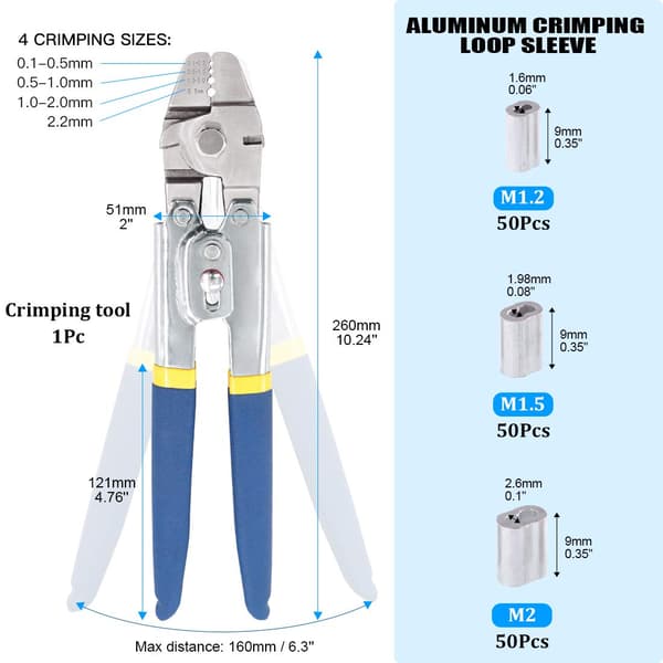 Wire Rope Crimping Værktøj op til 2,2 mm med 150 stk. 3 Størrelser Aluminium Dobbeltløbet Crimper