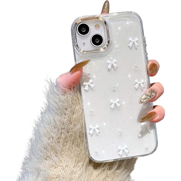 Case for iPhone 15, Bling Glitter 3D Bow Phone Case Cute Sparkly Crystal Clear Bow Slim Soft Durable Protective Case Whit