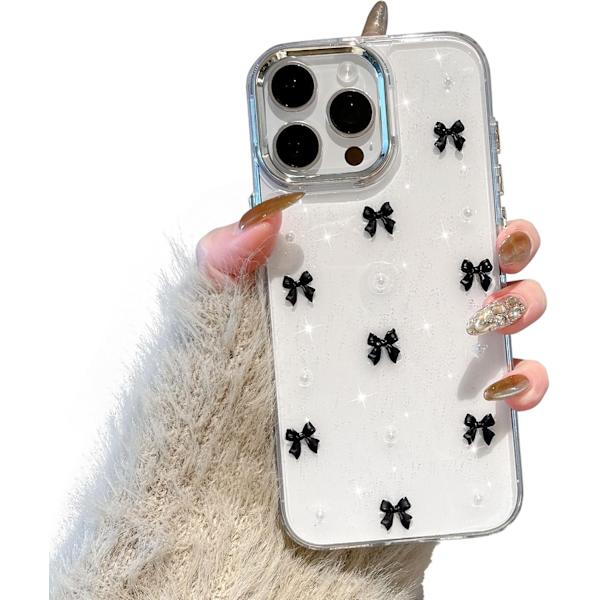 Case for iPhone 16 Pro, Bling Glitter 3D Bow Phone Case Cute Glittery Crystal Clear Bow Slim Soft Durable Protective Case Black