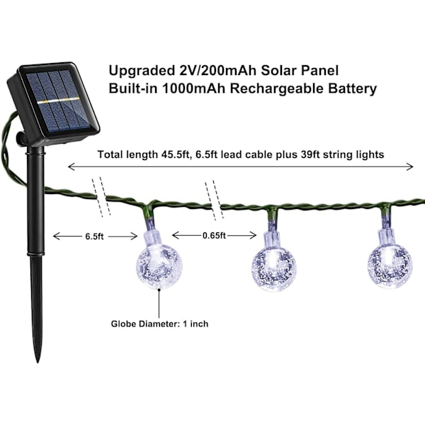 Arden Lights Utomhus, 36ft 60 LED Solcellslingor Vattentäta, Solcellsdrivna Kristallkula Inomhus/Utomhus Fe-ljus Dekorativa Ljus för Garde White 60 LED