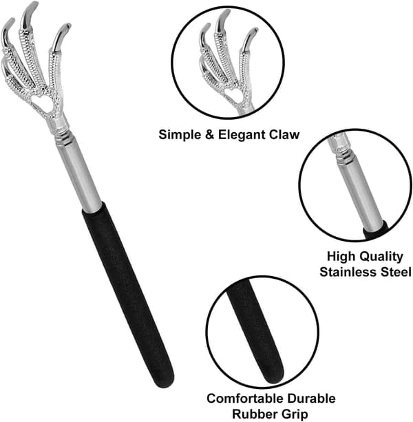 Extendable Stainless Steel Back Scratcher Telescopic Design with Rubber Grip and Bear Claw for Soothing Back
