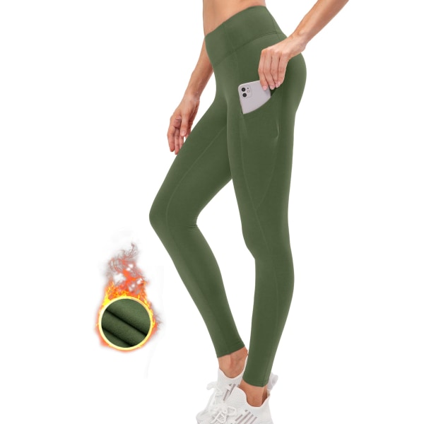 Fleeceforede termiske leggings til kvinder Bløde elastiske vintervarme gymleggings til kvinder Højtaljede mavekontrol yogabukser med lommer, XL, grøn