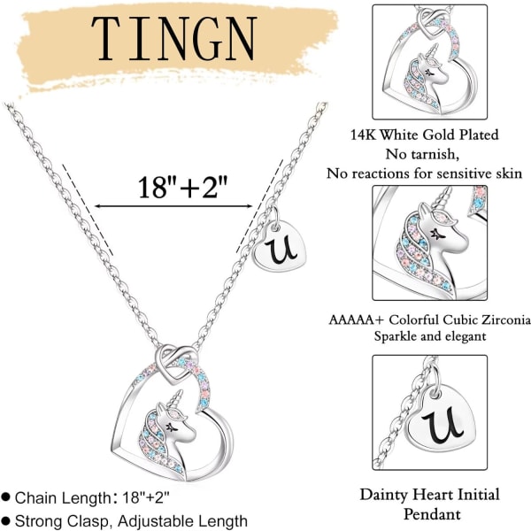 Yksisarvinen lahjat tytöille - 14K valkokultapäällysteinen värikäs CZ-sydänriipus Yksisarvinen kaulakoru tytöille Korut Alkuperäinen Yksisarvinen kaulakoru Syntymäpäivälahja U