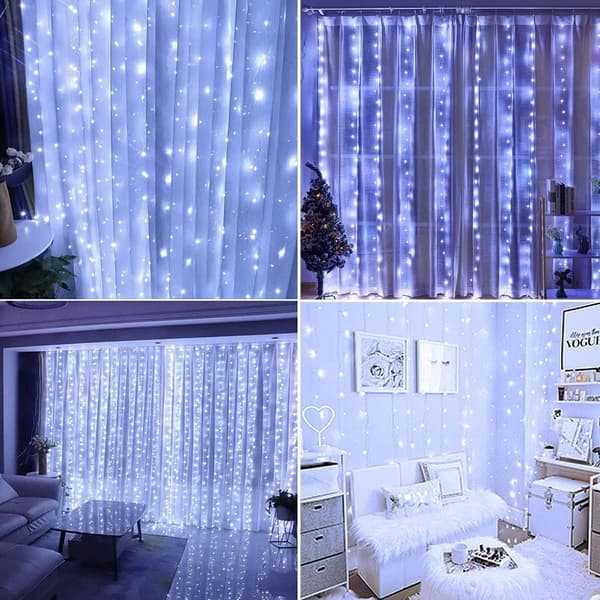 LED Curtain String Lights, 3m × 3m 300 USB Fairy Lights 8 Modes with Remote Control for (Cool White)