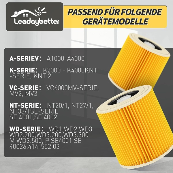 2-pakning filterpatroner til Kärcher Premium WD3 WD2 MV2 MV3 WD 3P, WD 3.200, WD 3.500 P, SE 4001, SE 4002, A2054, A2004, A2254, A2604, støvsuger WD2