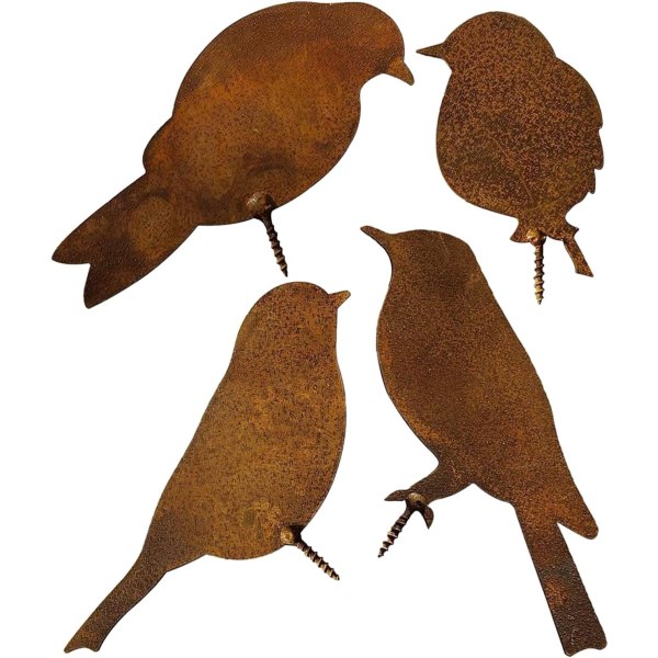 4 metallfåglar med skruvar, trädgårdsstakar Rostig prydnad, rostiga fåglar, dekorativa pluggar, metallstatyer, trädgårdsdekorationer, utomhusdekoration, för