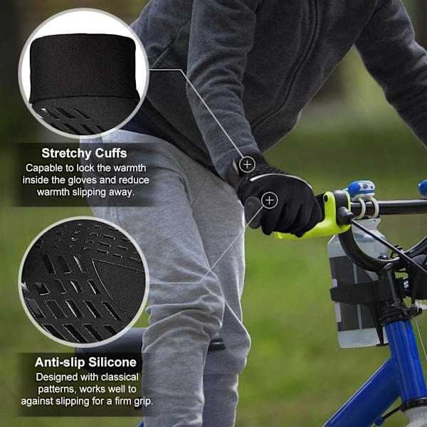 Vintersportscykelhandskar för barn - Varma barns touchskärm, halkfria, termiska, vindtäta handskar för utomhusbruk för pojkar och flickor, löpning, cykling Black L (aged 1012)