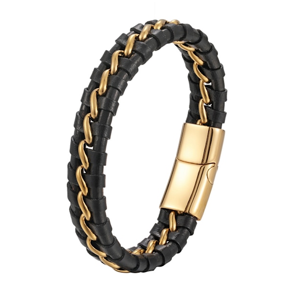 Barn Armband Pojkar Äkta Läder Svart 6-12+3 År. Titan/Silver Kedja Magnetlås (19cm) gold